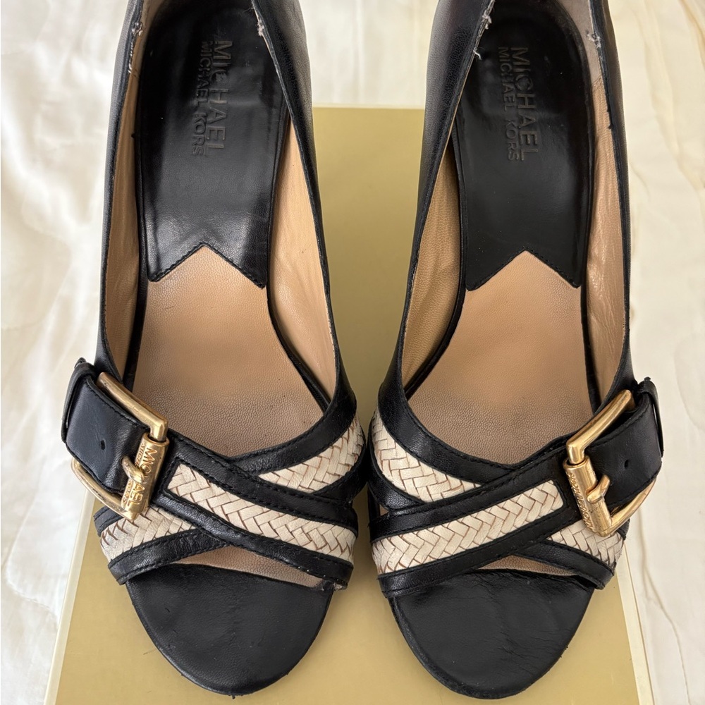 Michael Kors Shelley Open-Toe Heels – Black & White Braided Detail – Size 7.5